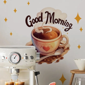 Artistic coffee cup wall sticker with stars and Good Morning text for home decoration