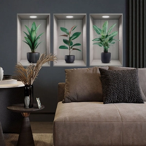 Modern 3D wall stickers featuring three green potted plants in recessed niches for home decor