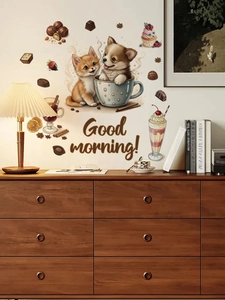 Detail of cute puppy and kitten wall stickers in a cozy bedroom with desk and lamp