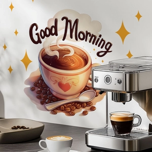 Good Morning coffee cup wall sticker with stars and hearts for kitchen wall decoration