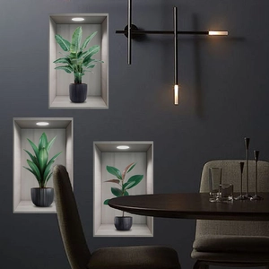3D realistic wall stickers featuring green potted plants in niches for home wall decor