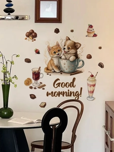 Detail showing self-adhesive PVC wall stickers with cute puppies, chocolate, and cupcakes
