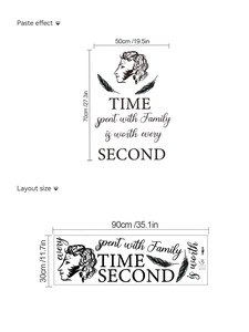 Detail showing family time quote wall decal layout with female silhouette and feathers