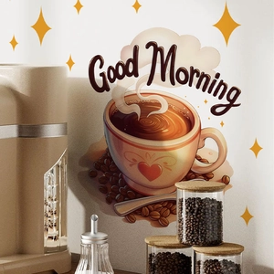 Good Morning coffee cup and stars PVC wall sticker for kitchen and dining room decor