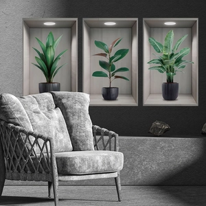 Modern 3D green potted plant wall stickers set for living room home decor