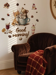 Detail showing cartoon puppy in a teacup wall decal with chocolate theme for cozy room decor