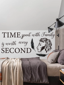 Detail of Family Time quote wall decal with poet silhouette in modern bedroom scene