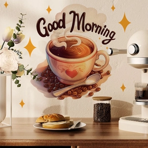 Self-adhesive coffee cup wall sticker with stars and Good Morning text for kitchen decor