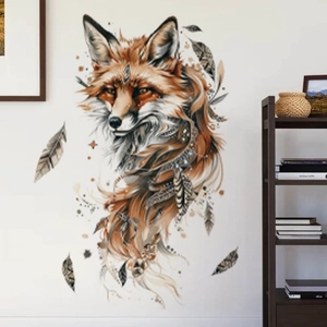 Bohemian fox totem wall sticker with feather details for modern home interior decor