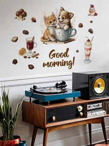 Detail of cute cat and dog cup wall decals with Good morning text in a cozy home setting