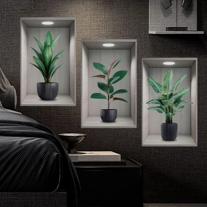 3D realistic potted plant wall stickers set with green leaves and spotlight effect