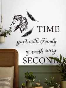 Macro view of Family Time quote wall decal with Pushkin portrait in bedroom setting
