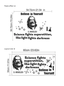 Detail of Mendeleev wall sticker showing atomic models and scientific layout dimensions