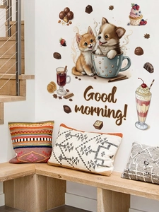 Detail of dog in teacup wall decal styled with bohemian cushions and wooden bench