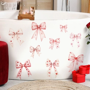 Adesivi Murali Fiocco Rosa Con Cuori Rossi Impermeabile PVC Estetica Coquette Decorazione Camera da Letto Ragazze Bambini Fai da Te