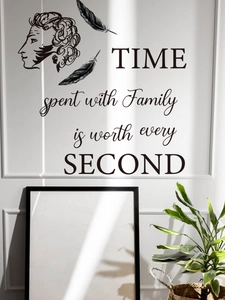 Detail of Family Time wall decal with feathers and portrait on white textured wall