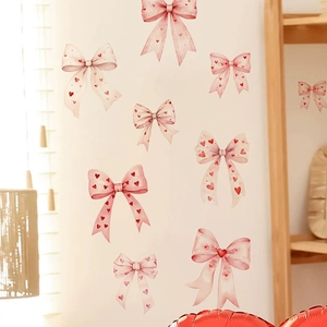 Adesivi murali fiocchi rosa con cuori rossi per camerette bimbe decoro PVC autoadesivo