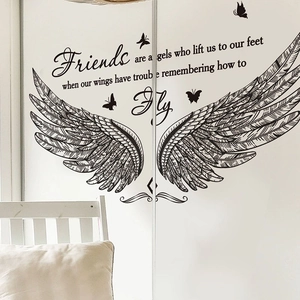 Minimalist black angel wings and butterfly wall sticker with friendship quote for home decor