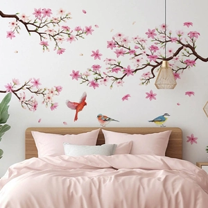 Cherry Blossom Tree Branch Birds Wall Decal Pink Flower Petals PVC Wall Sticker For Bedroom Living Room Home Art Mural Decor