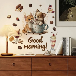 Cute Cartoon Dog Cat In Cup Wall Stickers PVC Self-Adhesive Removable Chocolate Dessert Wall Decals For Home Bedroom Decor