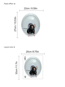 Detailed size chart showing 22x27cm layout for 3D mouse peek wall decal stickers
