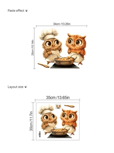 Detailed dimensions of owl chef wall decals showing layout and finished sizes 34x26cm