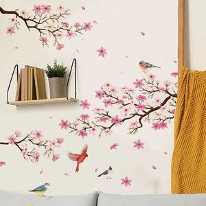 Pink cherry blossom branch wall decals with realistic birds for bedroom home decor