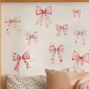 Adesivi murali con fiocchi rosa ad acquerello e cuori rossi per cameretta bimba e asilo