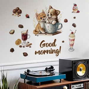 Chocolate teacup puppy wall sticker with kitten and desserts for bedroom decor