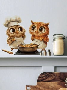 Detail of creative owl chef wall sticker with anthropomorphic figures in kitchen scene