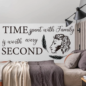 Family Time wall decal with feather accents and Pushkin silhouette for bedroom decor