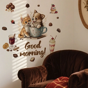 Cute teacup dog and cat wall decals with chocolate motifs for cozy living room decor