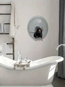 Detail of 3D mouse hole wall sticker with realistic mouse peeking from the bathroom wall
