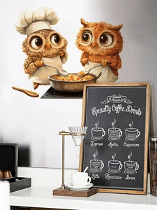 Detailed view of owl chef wall stickers on kitchen wall with coffee accessories