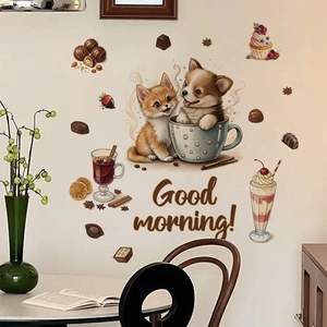 Cute chocolate teacup puppy wall stickers with Good Morning text for home decor