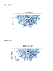 Detailed layout showing teal mandala wall sticker dimensions 74x37cm and 80x40cm