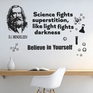 Portrait of Mendeleev and science quotes wall decal for modern study room decor