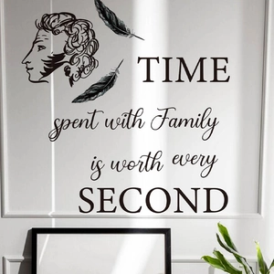 Family Time wall decal with feathers and profile silhouette on white wood paneling