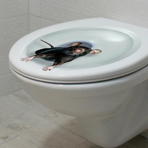 Creative 3D wall sticker featuring a realistic black mouse peeking out on a toilet lid