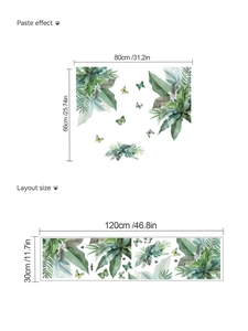 Detail of tropical palm leaves and butterfly wall stickers with size dimensions