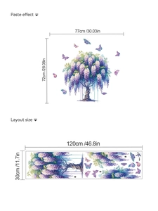Dimensioni sticker da parete 120x30cm e effetto finale 77x72cm di albero di glicine viola