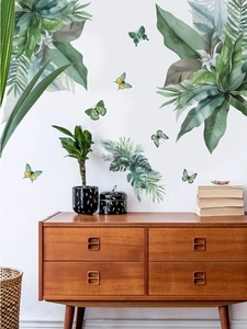 Green tropical leaf wall stickers with monstera leaves and colorful butterflies decor