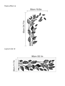Detailed dimensions showing layout size 90x30cm and final paste effect of leaf wall decals