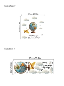 Detailed 3D wall sticker layout with globe and clouds showing product dimensions