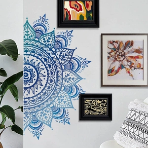 Teal gradient mandala wall sticker with intricate floral patterns in bohemian home decor
