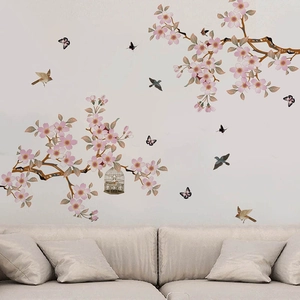 Peach blossom branches and birds wall decal set with cage for home wall decoration