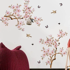 Peach blossom tree and bird wall decal for home living room background wall decoration