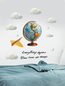 Bedroom wall decal showing globe, paper plane and cloud stickers over a headboard