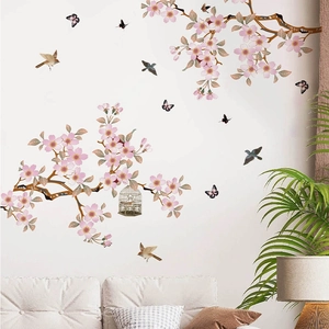 Peach blossom branches and birds PVC wall stickers for living room sofa background decor