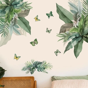Tropical green leaves and butterflies wall sticker for a cozy bedroom background